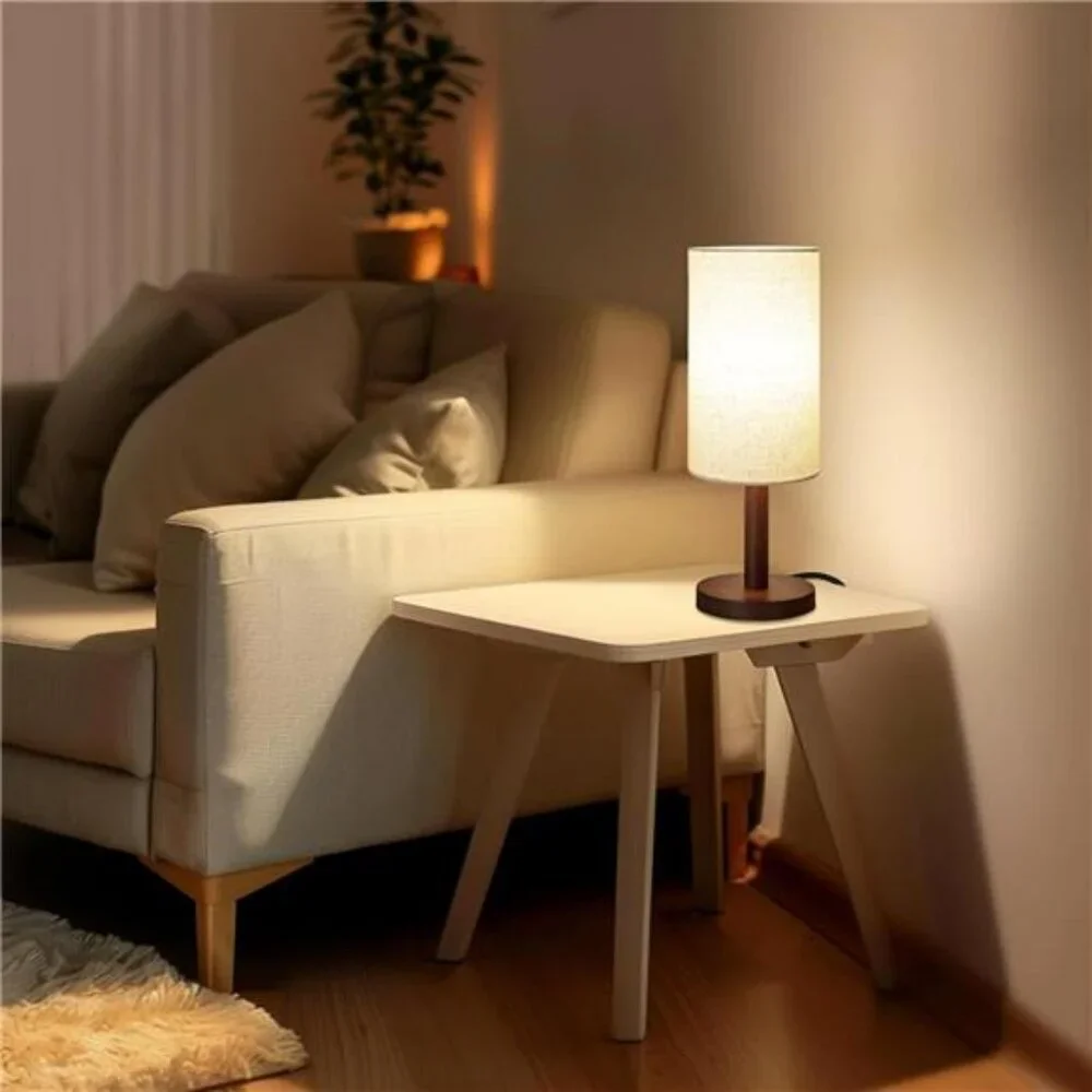 Small table lamp wood base linen shade LED nightstand light for bedroom desk